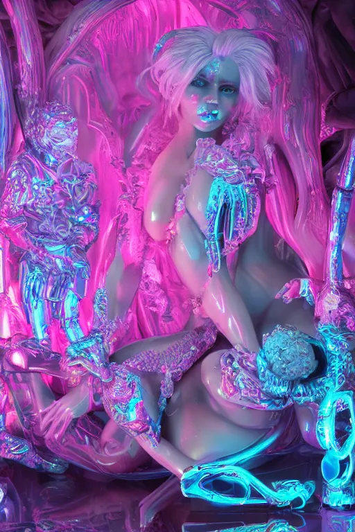 Prompt: hyper detailed ultra sharp photo of rococo and cyberpunk neon ceramic sculpture of seductive lisa ann albino pink iridescent humanoid deity wearing blue holographic hooded cloak with nothing underneath holding an glass skull in a onyx dungeon, reclining, glowing magenta face, crown of white diamonds, cinematic lighting, photorealistic, octane render 8 k depth of field 3 d