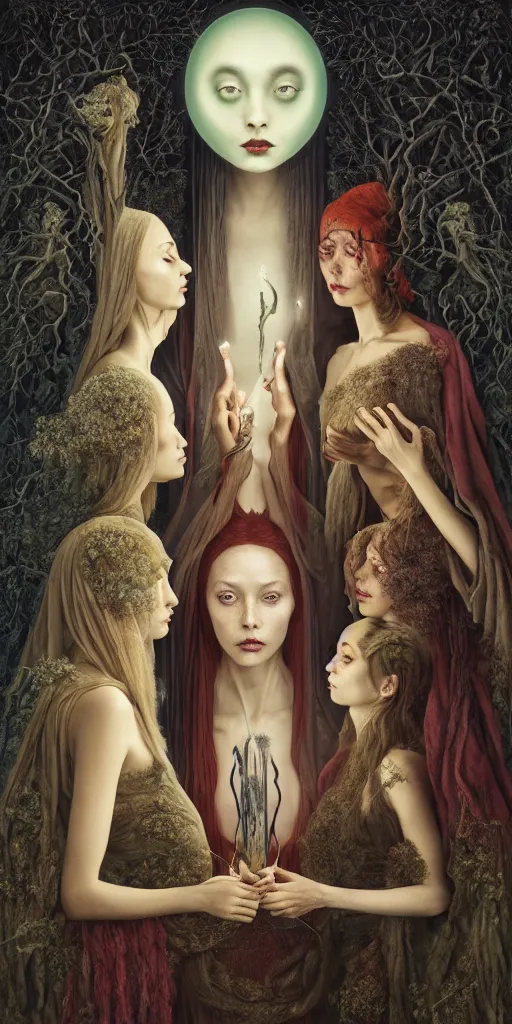 Image similar to the three fates cutting threads with scissors, forest, moonlight, gemma chen, madison beer, angela sarafyan, pinup, intricate beautiful faces, surrealistic painting by agostino arrivabene, artgerm, vanessa beecroft, anka zhuravleva, mary jane ansell, peter mohbacher, gerald brom