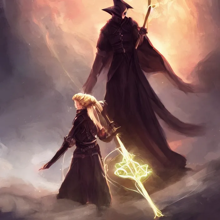 Image similar to Young, handsome wizard with a blonde ponytail wearing exquisite black robes, a spider cloak and wielding a legendary staff of light. Magic, bright lighting, flux. High fantasy, digital painting, HD, 4k, detailed.