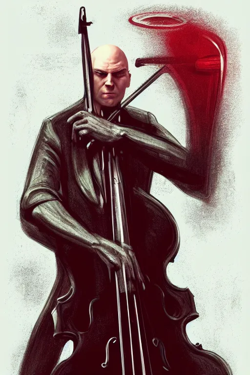 Prompt: an expressive portrait of agent 4 7 playing the cello in a monastery, dark background, red rim light, digital art, artstation, concept art by giger stalenhag