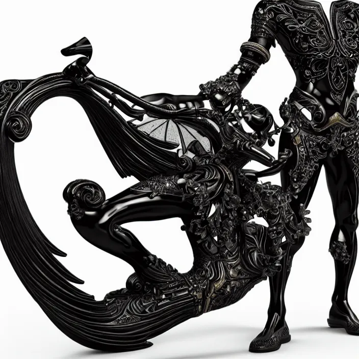 Image similar to fine art statue of masculine black egyptian god on a surrealist motorcycle, ebony art deco, carved black marble, inlaid with ebony and gold accents, ebony rococo, wings black lace wear, sculpted by spider zero, zaha hadid, beautifully lit, hyper detailed, intricate, elite, ornate, photorealistic, micro details, 3 d sculpture, ray trace