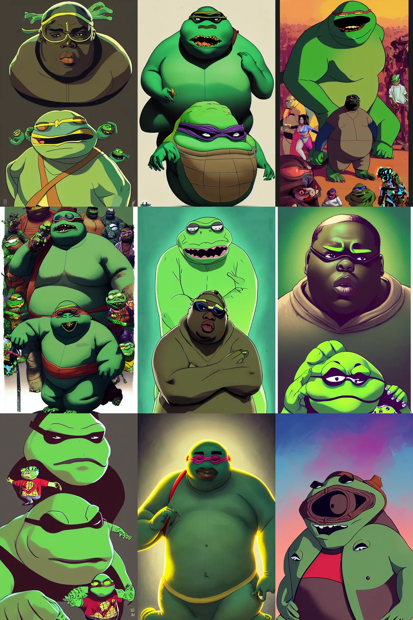 Prompt: the notorious b. i. g. as a teenage mutant ninja turtle, rick and morty pickle rick, shaded lighting poster by magali villeneuve, artgerm, jeremy lipkin and michael garmash, rob rey and kentaro miura style, trending on art station