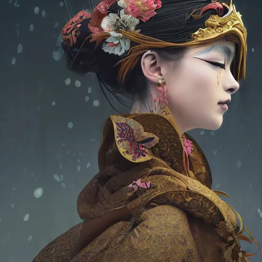 Image similar to a photorealistic dramatic fantasy render of a beautiful woman wearing a beautiful intricately detailed japanese rabbit kitsune mask and clasical japanese kimono by wlop, artgerm, greg rutkowski, alphonse mucha, beautiful dynamic dramatic dark moody lighting, shadows, cinematic atmosphere, artstation, concept design art, octane render, 8 k