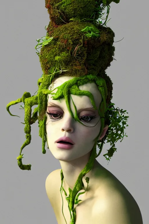 Image similar to nonbinary model, subject made of cracking brown clay, vine headdress, moss patches, 2 0 mm, with pastel yellow and green oddish bursting out, melting into lilligant, delicate, beautiful, intricate, houdini sidefx, by jeremy mann and ilya kuvshinov, jamie hewlett and ayami kojima, bold 3 d