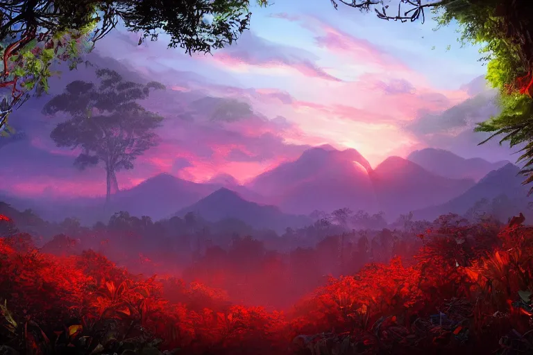 Prompt: gorgeous scarlet android beautiful sunset in the distance through the forest, jungle mountains in the background, highly detailed, trending on art station, very detailed birds, viva la vida art by coldplay