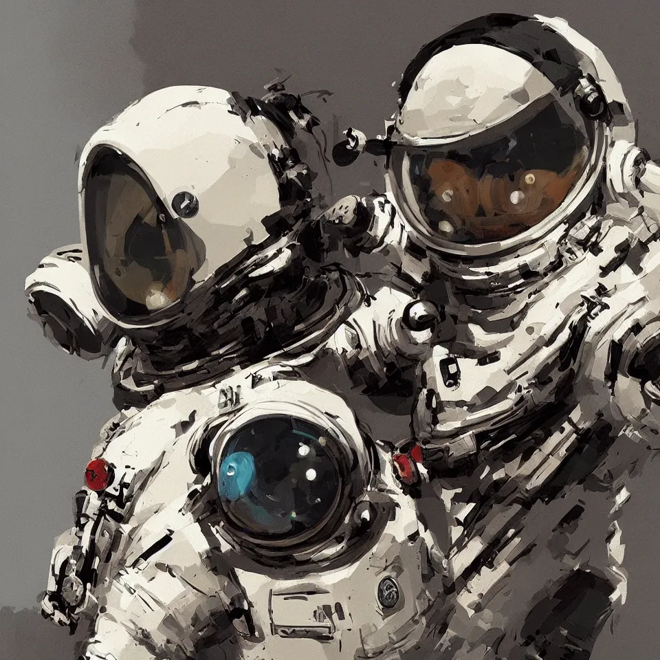 Image similar to a detailed concept art of a astronaut helmet wearing a headphone by ashley wood, digital painting, digital art, beautiful, dynamic lighting, cinematic, epic composition, masterpiece