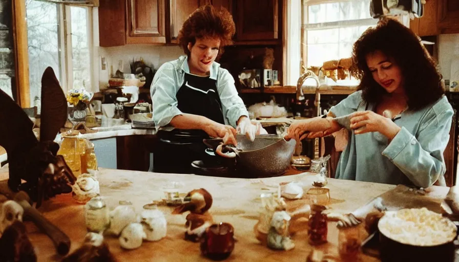 Prompt: 1990s candid 35mm photo of a beautiful day in the family kitchen , cinematic lighting, cinematic look, golden hour, mom is witch and cooking a potion in a cauldron, witches broom, smoky potion brewing in the kitchen, skulls and bats, UHD