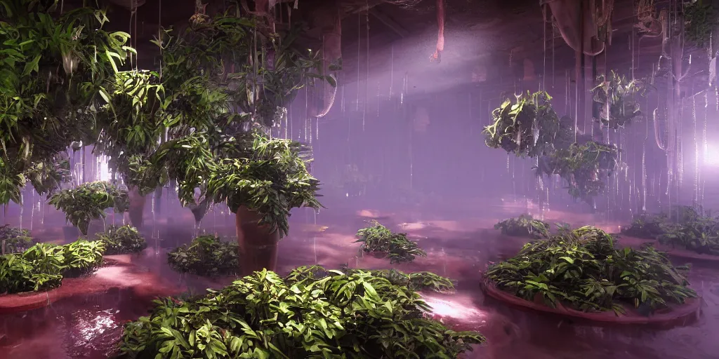 Prompt: plants like meat are irrigated by pipes flowing with milky liquid, central composition, fluid, ultra clear material, volumetric light, lightrays, cinematic, atmospheric, 3 d concept art, octane render, beautiful, cinematic lighting, intricate details.