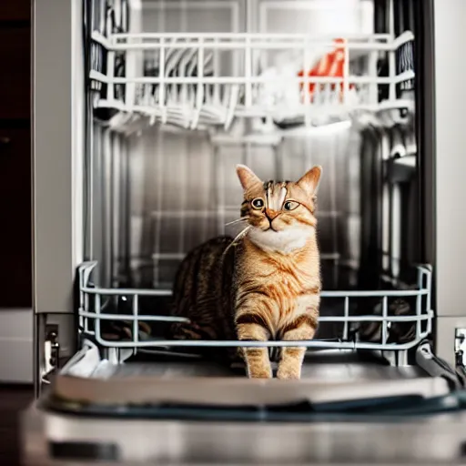 Prompt: cat behind dishwasher, higly detailed, great bokeh