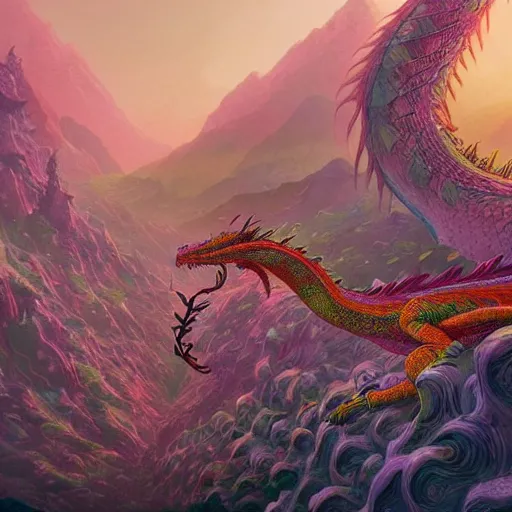 Image similar to psychedelic concept art painting of a dragon landscape made of thousands of dragons, realistic, detailed, cel shaded, in the style of makoto shinkai and moebius and peter mohrbacher and anton fadeev