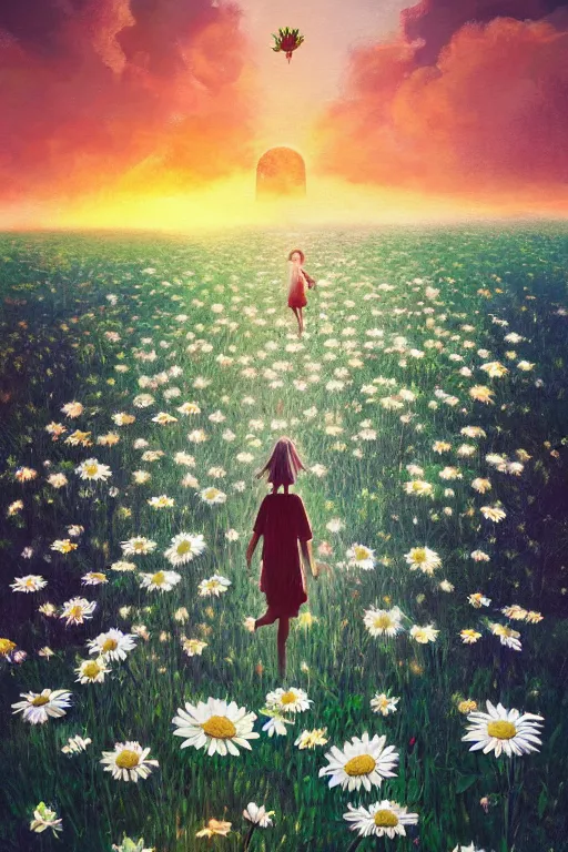 Prompt: giant white daisy flower as head, girl running in a flower field, surreal photography, sunrise, dramatic light, impressionist painting, colorful clouds, digital painting, artstation, simon stalenhag