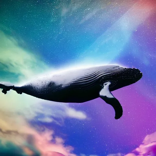 Prompt: a cool whale surfing on the cloud with a colorful galaxy in the background. ray tracing reflection, 8k, hyper realistic, insainly detailed, hdr, octan render