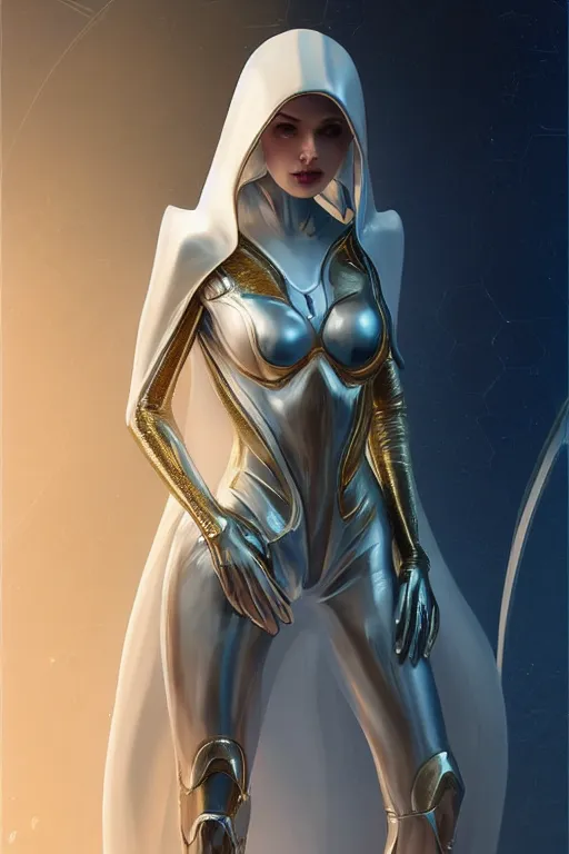 Image similar to detailed portrait glam cyber noun, attractive feminine curves, intricate, scifi, futuristic, elegant cape, elegant, alien room background, white, blue, gold, photorealism, trending on artstation, holy halo, advanced technology, art by moebius and vitaly bulgarov and chanthara