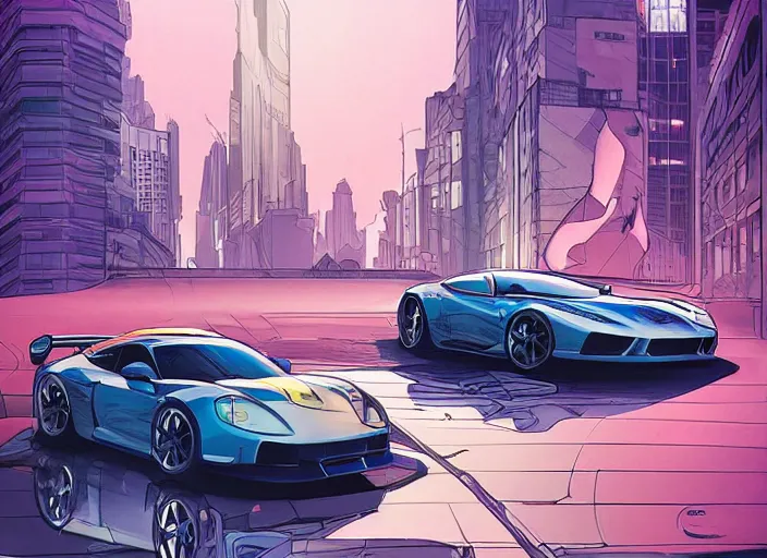 Image similar to a sport car in a city, sharp focus. cinematic pose, cinematic lighting, art by josan gonzales and moebius and deathburger.