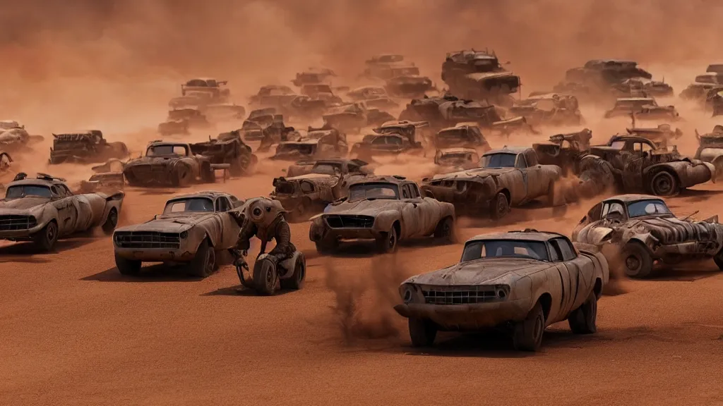 Prompt: pixar cars in mad max fury road, cartoon eyes, explosions, war boys, furiosa, imax