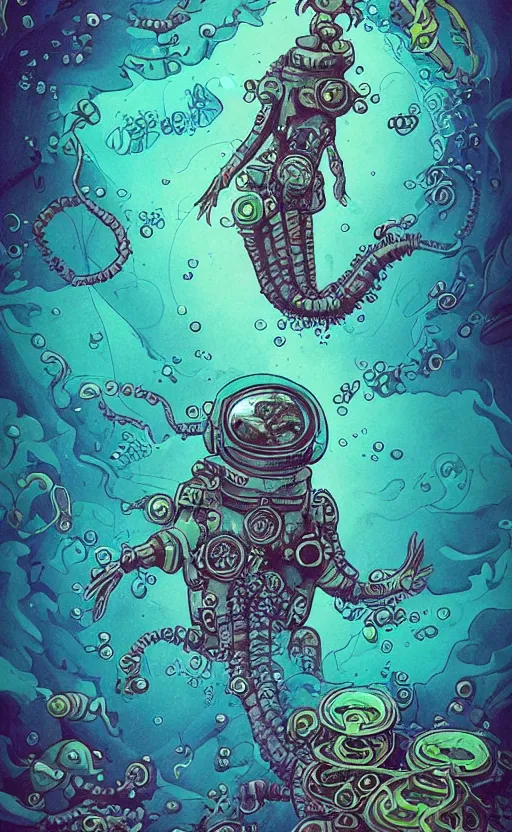 Image similar to a picture of mysterious colourful underwater creature, being discovered by a man in a steampunk diving suit. water is deep aquamarine coloured. poster art by james jean, concept art, behance contest winner, very detailed, award - winning. lovecraftian, cosmic horror, bioluminescence.