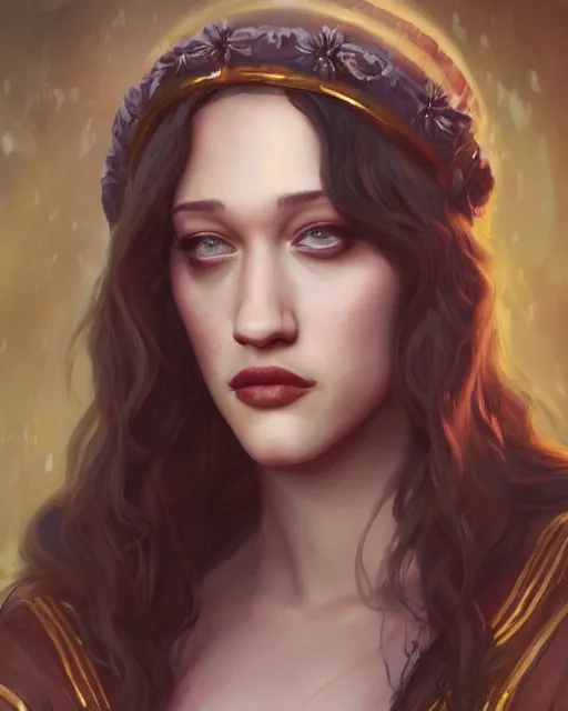 Prompt: a stunning portrait of Kat Dennings as an ancient roman priestess, digital art by Ross Tran and Angel Ganev, highly detailed, trending on artstationhq