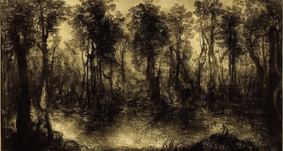 Prompt: A dense and dark enchanted forest with a swamp, by Rembrandt