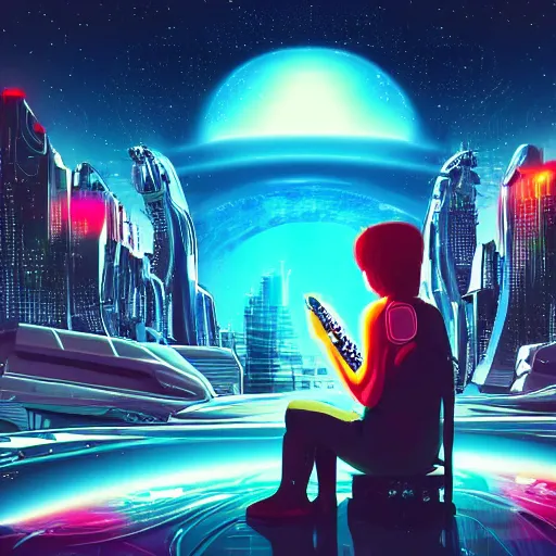 Prompt: cute cyberpunk alien playing electric guitar on stage overlooking futuristic space city with view of ringed planet rising on the horizon detailed painting 4 k