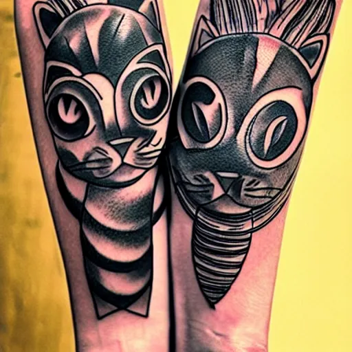 Image similar to two cats holding each other's tail, circle design, tattoo design, inking on skin, designed by victo n'gai