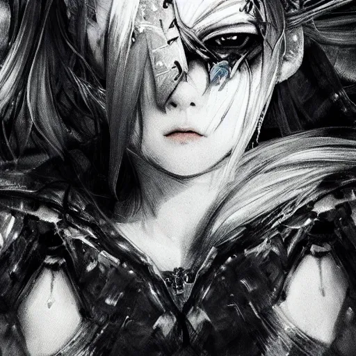 Image similar to Yoshitaka Amano blurred and dreamy illustration of an anime girl with pirate eye patch, wavy white hair and cracks on her face wearing Elden ring armour with the cape fluttering in the wind, abstract black and white patterns on the background, noisy film grain effect, highly detailed, Renaissance oil painting, weird portrait angle