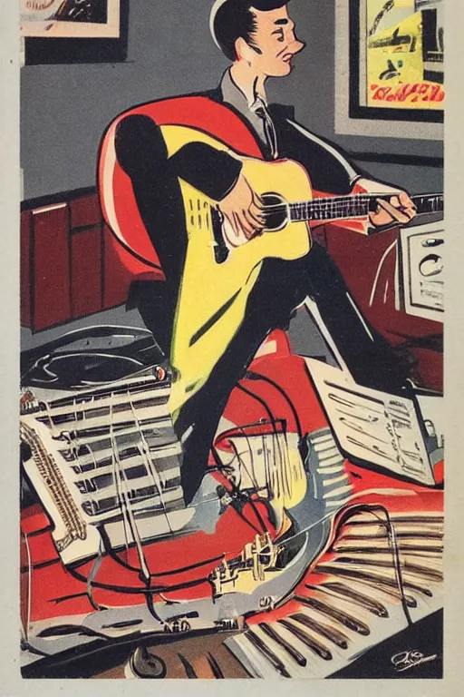 Image similar to guitar in the style of a 50s by Frank Hampson and mcbess, 1950s