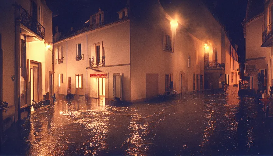 Prompt: 1 9 7 0 s movie still of a heavy burning french style townhouse in a small french village by night rain, cinestill 8 0 0 t 3 5 mm, heavy grain, high quality, high detail, dramatic light, anamorphic, flares