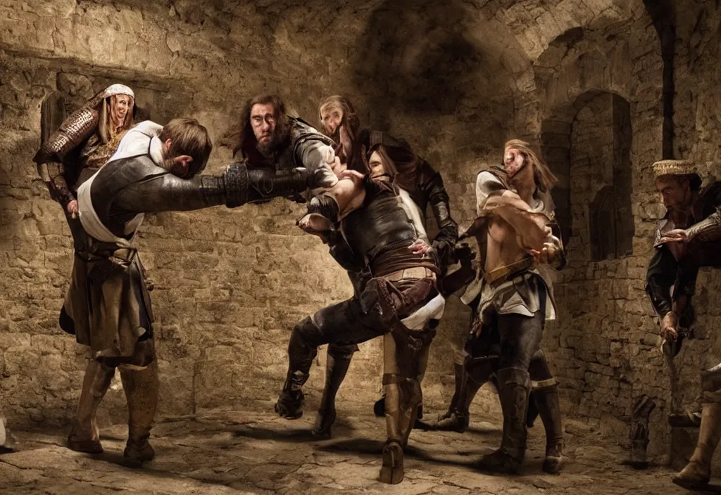 Image similar to photography crowd of emma watsons fight with nicholas cage in a medieval wine cellar detailed matte painting,