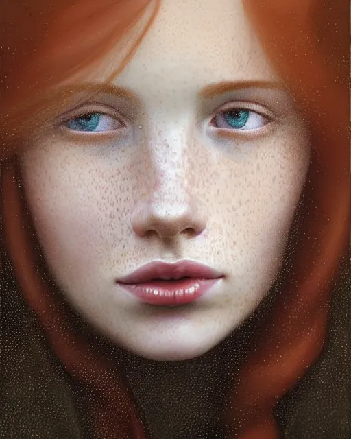 Image similar to portrait of an ethereal ginger beauty in the rain, wet freckles, by mary jane ansell