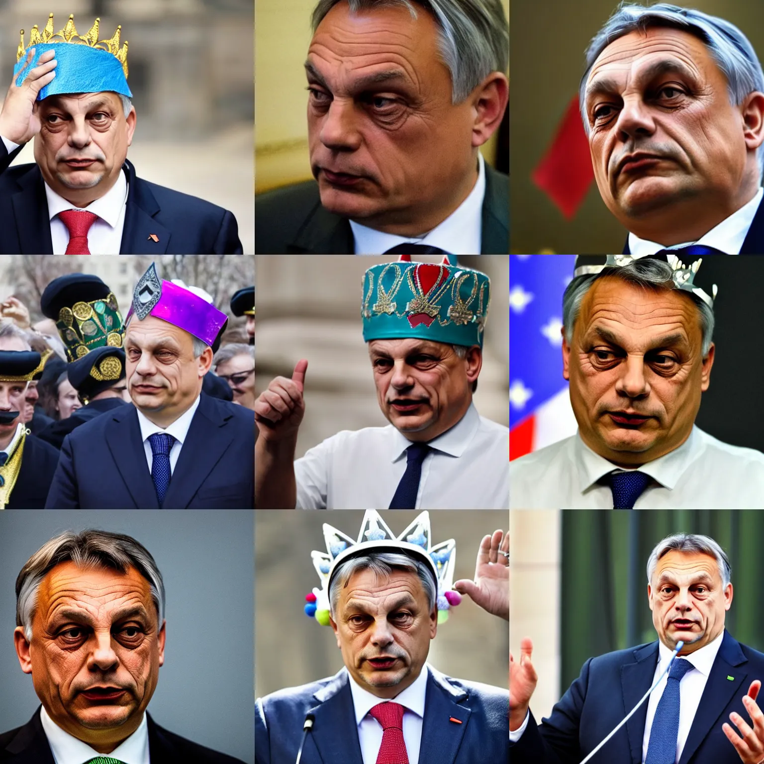 Prompt: Hungarian prime minister Viktor Orban wearing a crown on his head