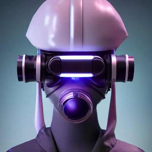 Image similar to intense futuristic bespoke vr headset respirator on a set of twin ninja hypebeasts, by ilya kuvshinov and james jean and sorayama and ikeuchi and hiroya oku and gilleard james, artstation trending, 8 k, 3 d render, photorealistic, volumetric lighting caustics, lilac