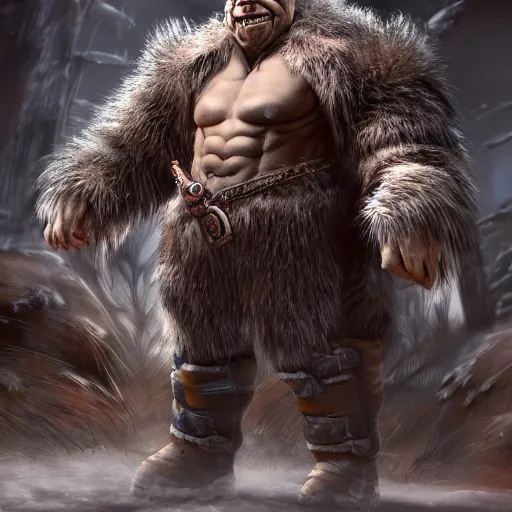 Image similar to A full body shot of a handsome orc looking into the camera wearing a fur jacket and boots, full body shot, artstation, realistic, highly detailed, symmetrical, hyper realism, high detail, octane render, unreal engine, 8k, fantasy art, intricate, highly detailed, concept art