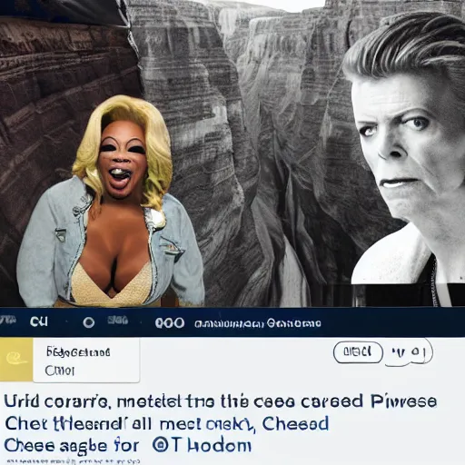 Image similar to david bowie, oprah, kid rock are scared and they are tight rope walking over a large canyon full of melted cheese, 8 k, award winning photography