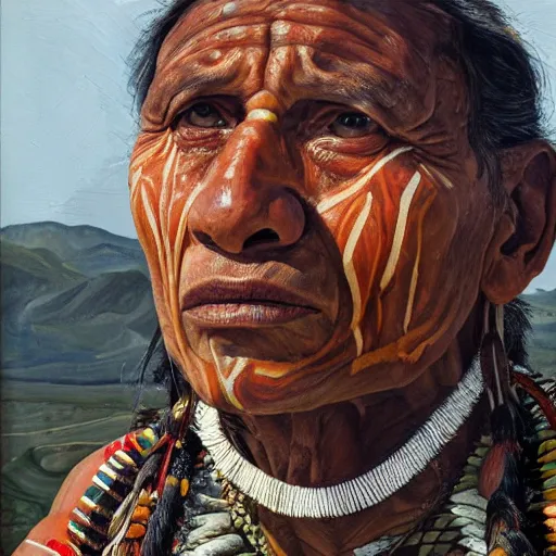 Prompt: high quality high detail painting by lucian freud, hd, portrait of a indigenous tribe leader, photorealistic lighting