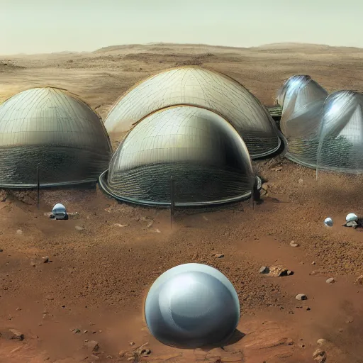 Image similar to A photorealistic image of the colonization of Mars, circa 2050, featuring large bio-domes filled with vegetation while the surface of Mars has many futuristic-looking buildings dotting the landscape, several people in space suits are outside