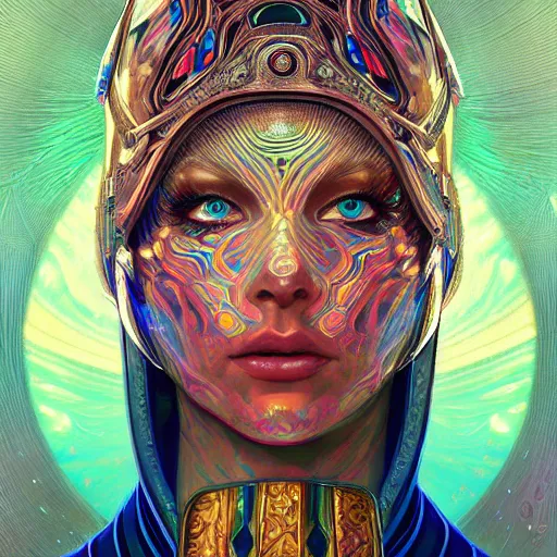 Prompt: psychedelic portrait of a beautiful android warrior woman, armor suit, blue eyes, intricate, elegant, highly detailed, trippy, dmt, digital painting, artstation, concept art, smooth, sharp focus, illustration, art felix kelly and greg rutkowski and alphonse mucha