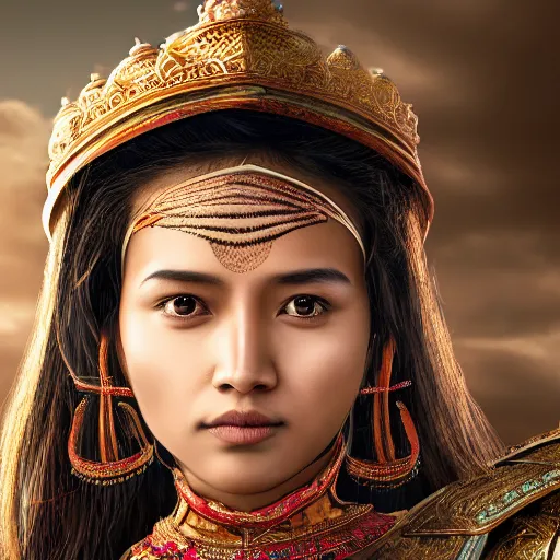 Prompt: a portrait of a young beautiful nepali lady wearing armour, highly detailed, cinematic lighting, hyperrealistic, 4 k, digital art