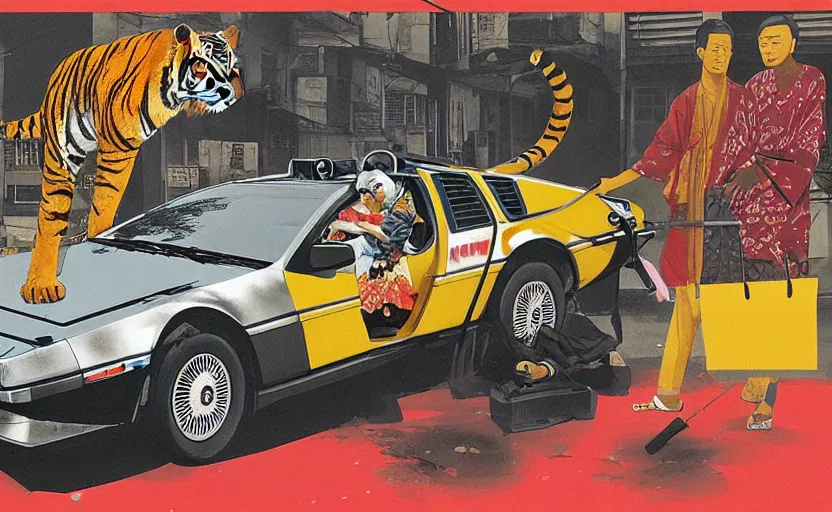 Image similar to a red delorean and a yellow tiger in ajegunle slum of lagos - nigeria, painting by hsiao - ron cheng, utagawa kunisada & salvador dali, magazine collage style,