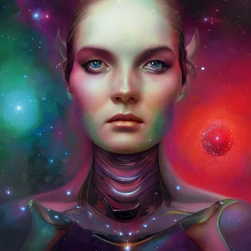 Image similar to a beautiful portrait of a galaxy goddess by Jim Burns and Tom Bagshaw, Trending on Artstation, nebula background