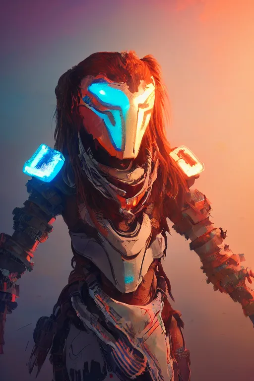 Image similar to combination suit armor aloy horizon forbidden west horizon zero dawn radiating a glowing aura global illumination ray tracing hdr fanart arstation by ian pesty and alena aenami artworks in 4 k tribal robot ninja mask helmet backpack