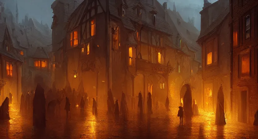 Prompt: A digital concept art painting of a medieval european town full of candle-lit windows floating in air, hooded figures, golden hour, by Greg Rutkowski, trending on Artstation