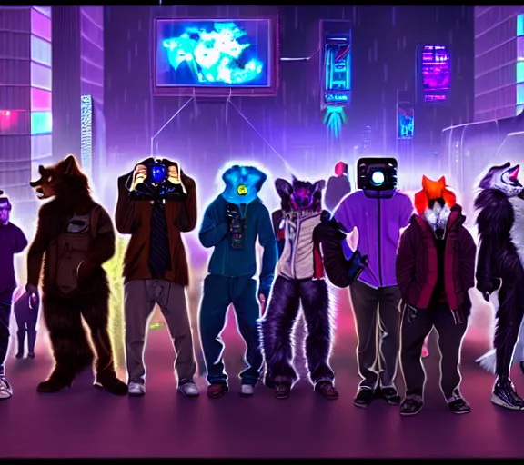 Image similar to high - resolution photograph from a cyberpunk era furry fandom convention ( midwest furfest 2 0 4 7 ), taking place after the genetic revolution and singularity. photorealistic.