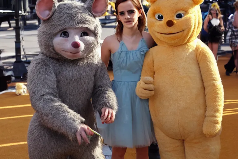 Prompt: photo, emma watson as furry rat, teletubbies around, eats cheese, highly detailed, intricate details