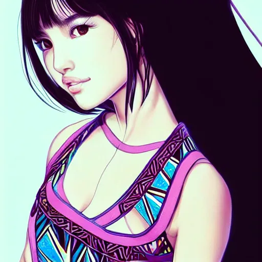 Prompt: a beautiful young japanese natalie portman alluring gravure model, wearing elegant designer tank top, elegant tank top with mesoamerican patterns, by akira toriyama and wlop and ilya kuvshinov and artgerm and, aesthetic, gorgeous, stunning, alluring, attractive, artstation, deviantart, pinterest, digital art