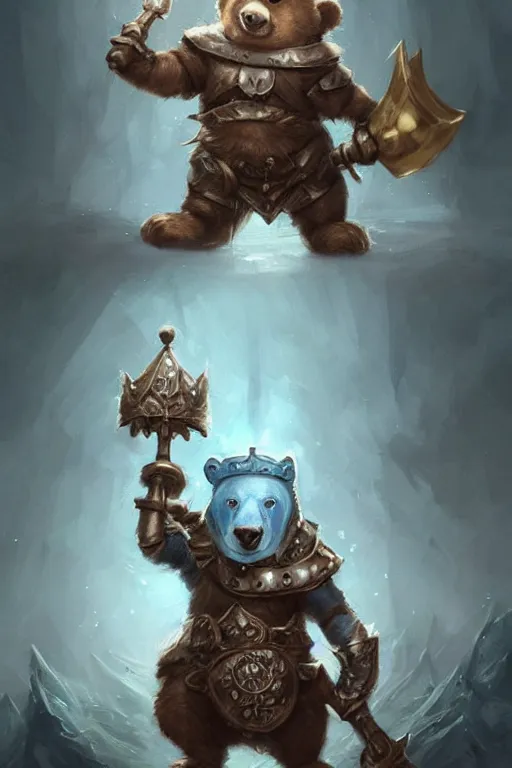 Image similar to cute little anthropomorphic bear knight wearing a cape and a crown, tiny, small, miniature bear, baby animal, short, pale blue armor, cute and adorable, pretty, beautiful, DnD character art portrait, matte fantasy painting, DeviantArt Artstation, by Jason Felix by Steve Argyle by Tyler Jacobson by Peter Mohrbacher, cinematic lighting