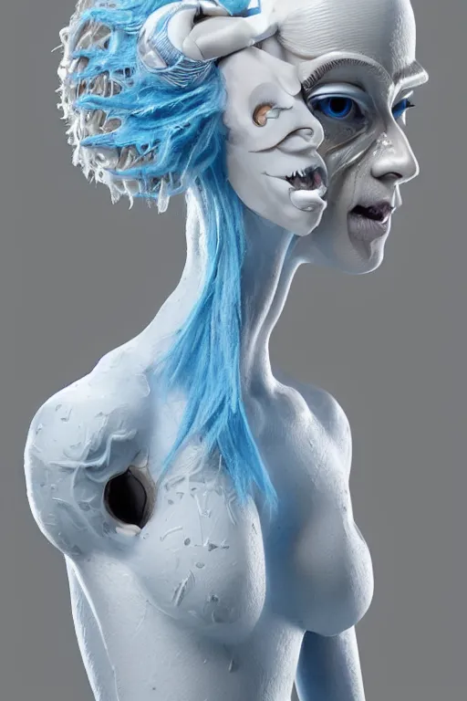 Image similar to full head and shoulders ballerina, monster with 3 d smooth, long blue hair, delicate facial features, white eyes, white lashes, detailed white, lots of 3 d cyborg elements, prosthetic, anatomical, all white features on a white background, by daniel arsham and james jean