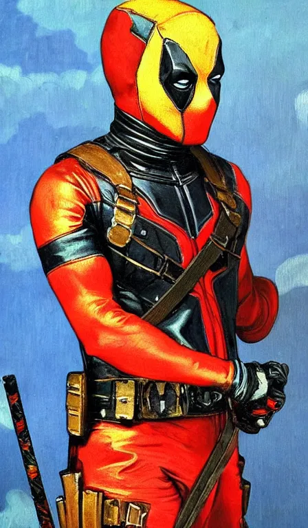 Image similar to oil painting of victorian deadpool created by james jean, vincent van gogh, michaelangelo, fantasy, portrait, highly detailed, large brush strokes