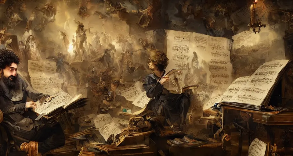 Image similar to the most epic painting of all time, a curly - haired persian guy composing the most epic symphony of minds, trending on artstation