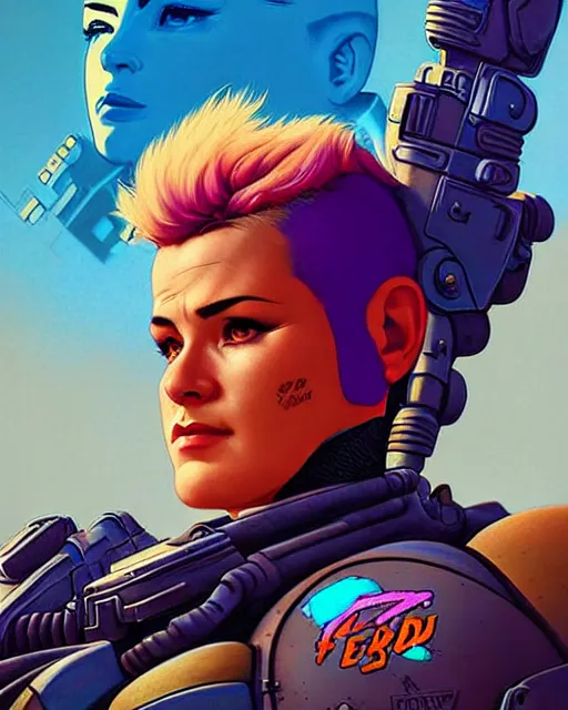 Prompt: zarya from overwatch, character portrait, portrait, close up, concept art, intricate details, highly detailed, vintage sci - fi poster, retro future, in the style of chris foss, rodger dean, moebius, michael whelan, and gustave dore