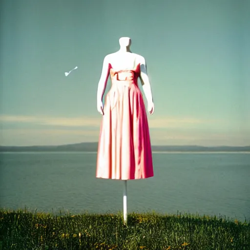 Image similar to realistic! photo of a balenciaga dress, floating in sky, color film photography, 35mm